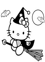 dla dziewczynek do wydruku kolorowanki hello kitty Halloween numer 22 - czarownica lecie na miotle w tle nietoperze